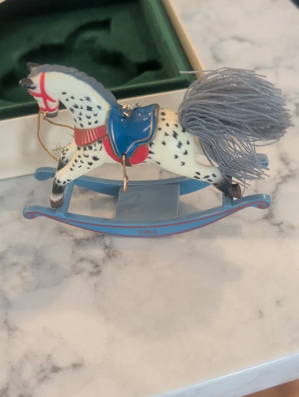 Hallmark Rocking Horse Ornament 1984 - Cream, Gray, Blue, Red